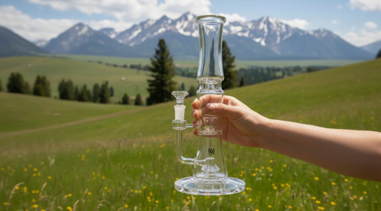 A woman hand holding glass bong on a beautiful sunny green nature background 