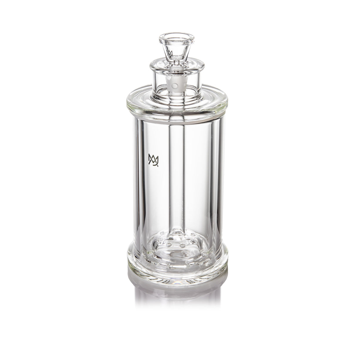 Clear glass gravity bong with a removable bowl on a white background