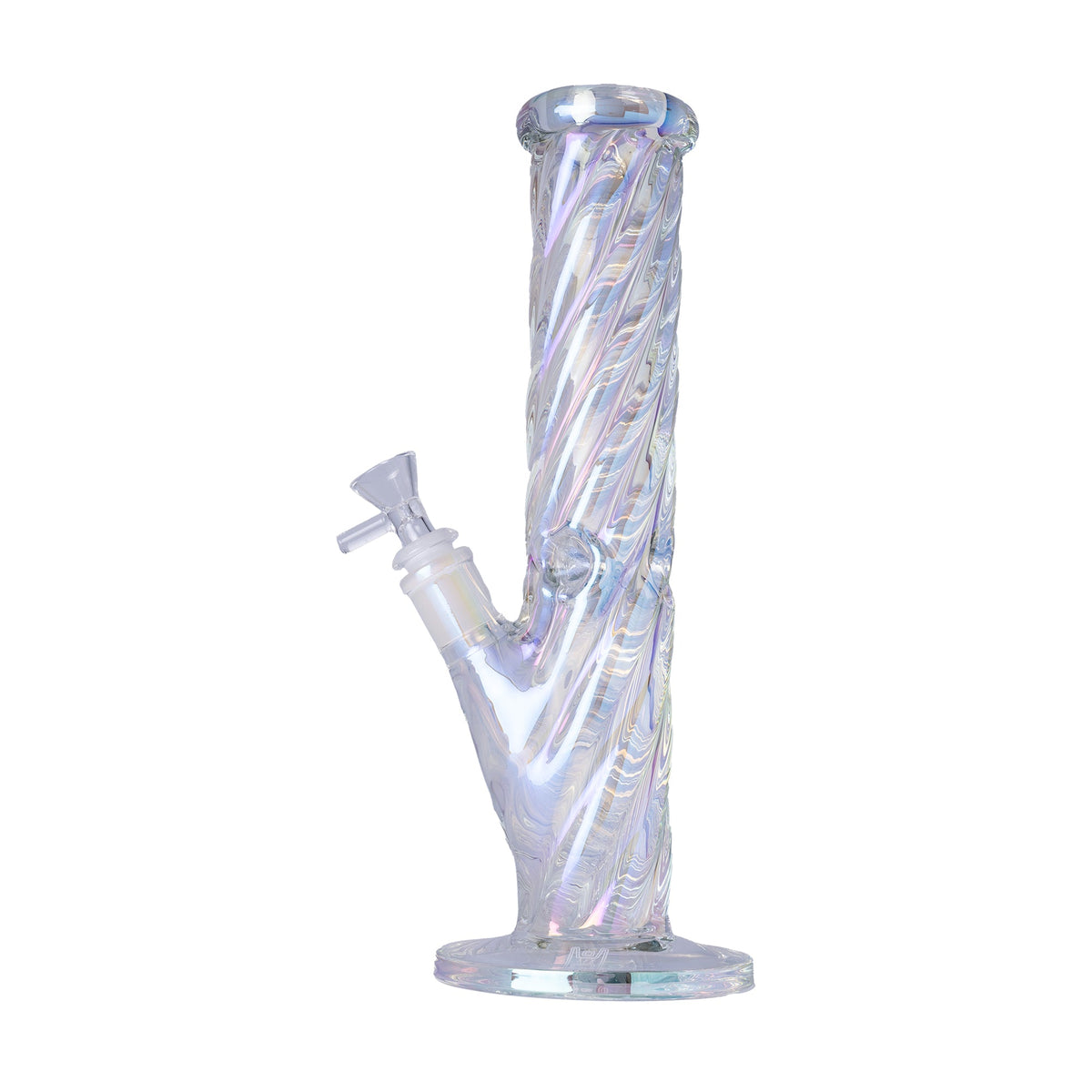 Clear glass water pipe with twisted design on a white background