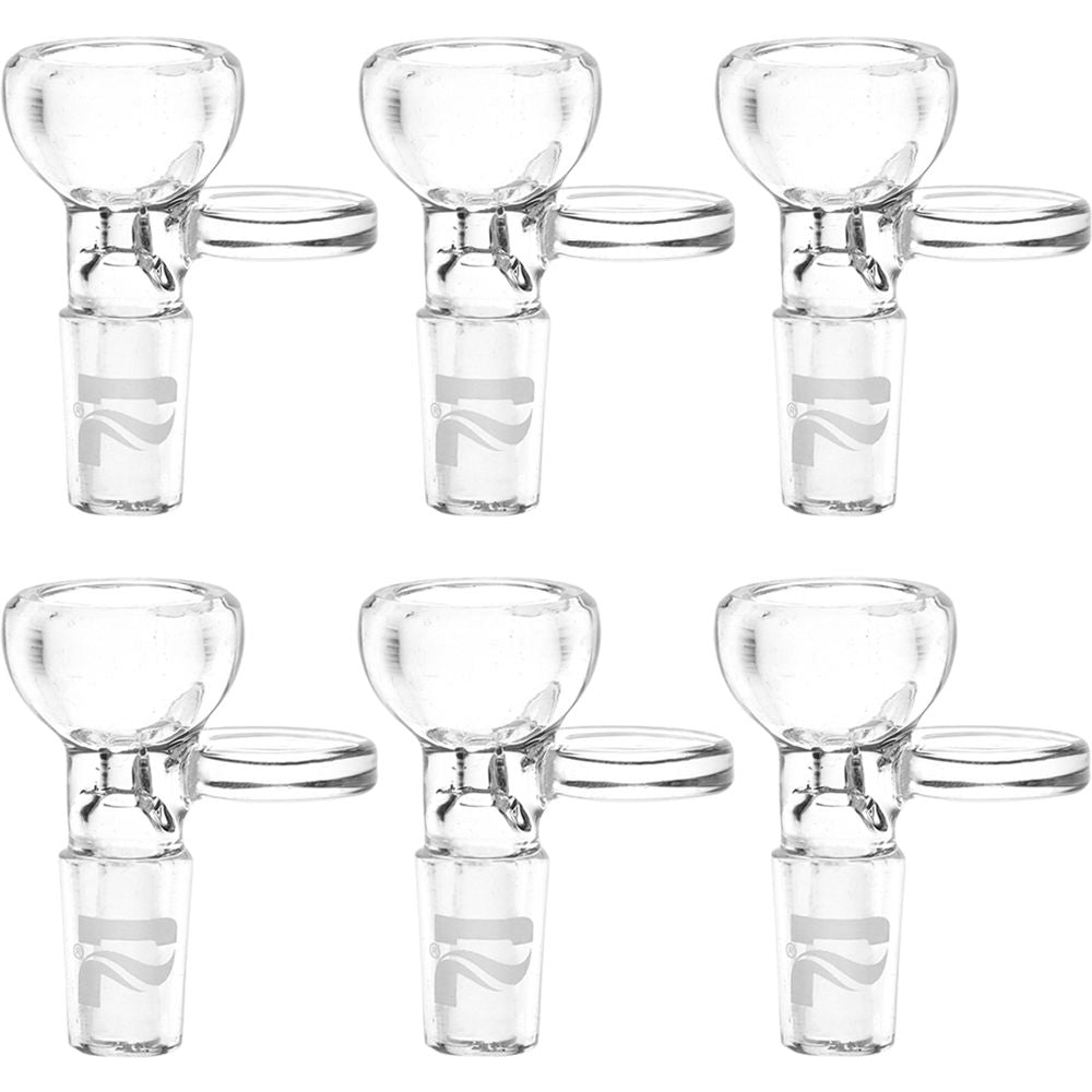 Six clear glass Bowls for bongs arranged in a 2x3 grid on a white background.