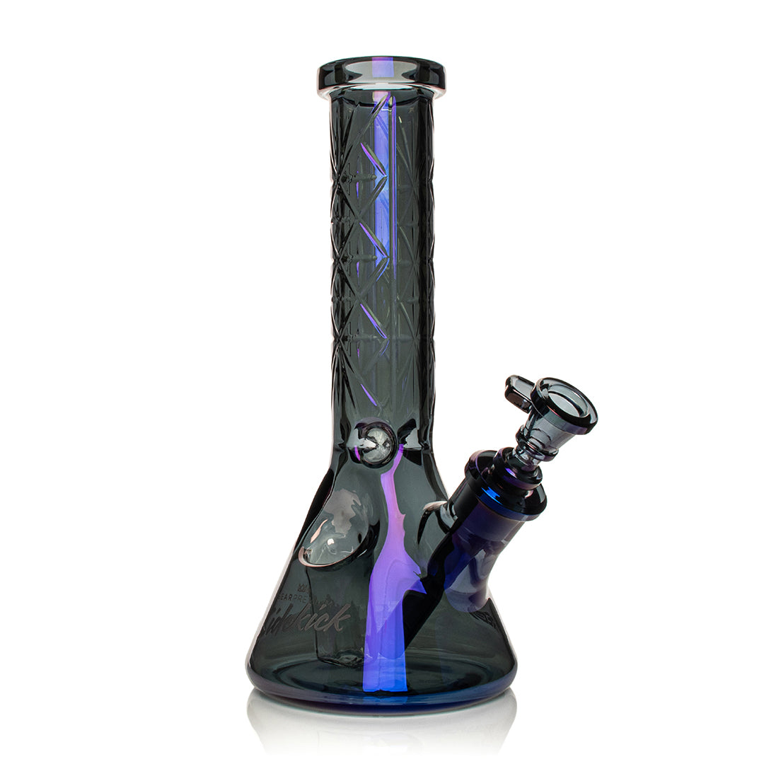Glass water pipe with black and purple design on a white background