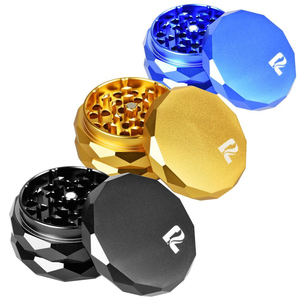 Metallic grinders in gold, blue, and black on a white background