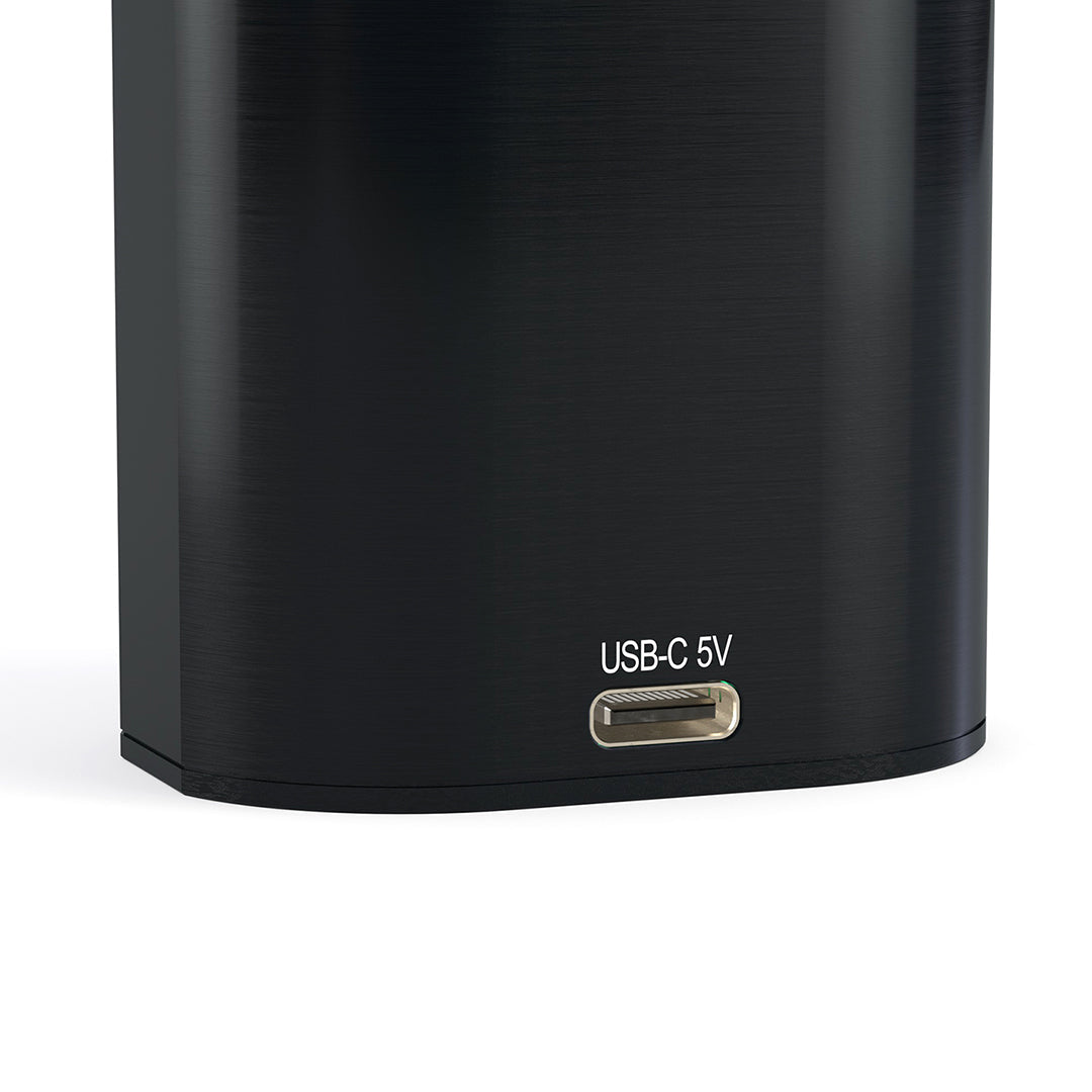 Black electronic herb flower vaporizer  device with USB-C 5V port on a white background