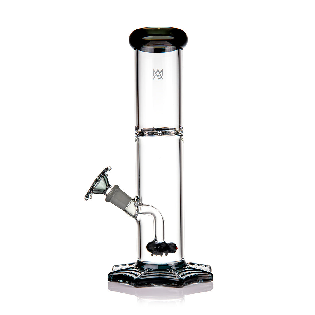 Clear glass water pipe with black accents on a white background