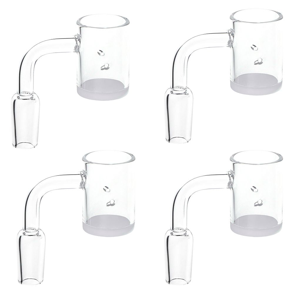 Four clear quartz banger water pipe necks arranged in a 2x2 grid on a white background.