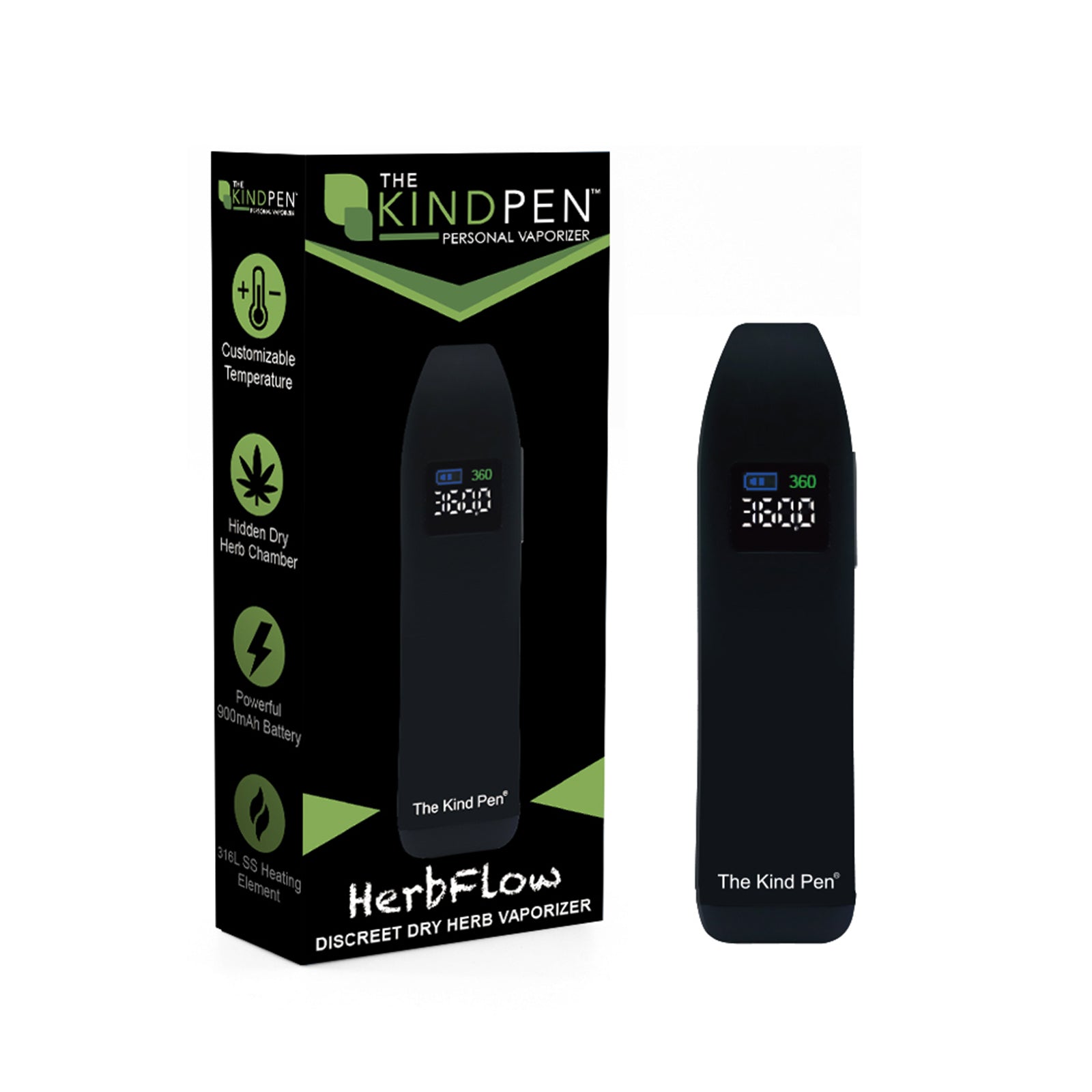 Black herb vaporizer with digital display and 'The Kind Pen' branding on a white background.