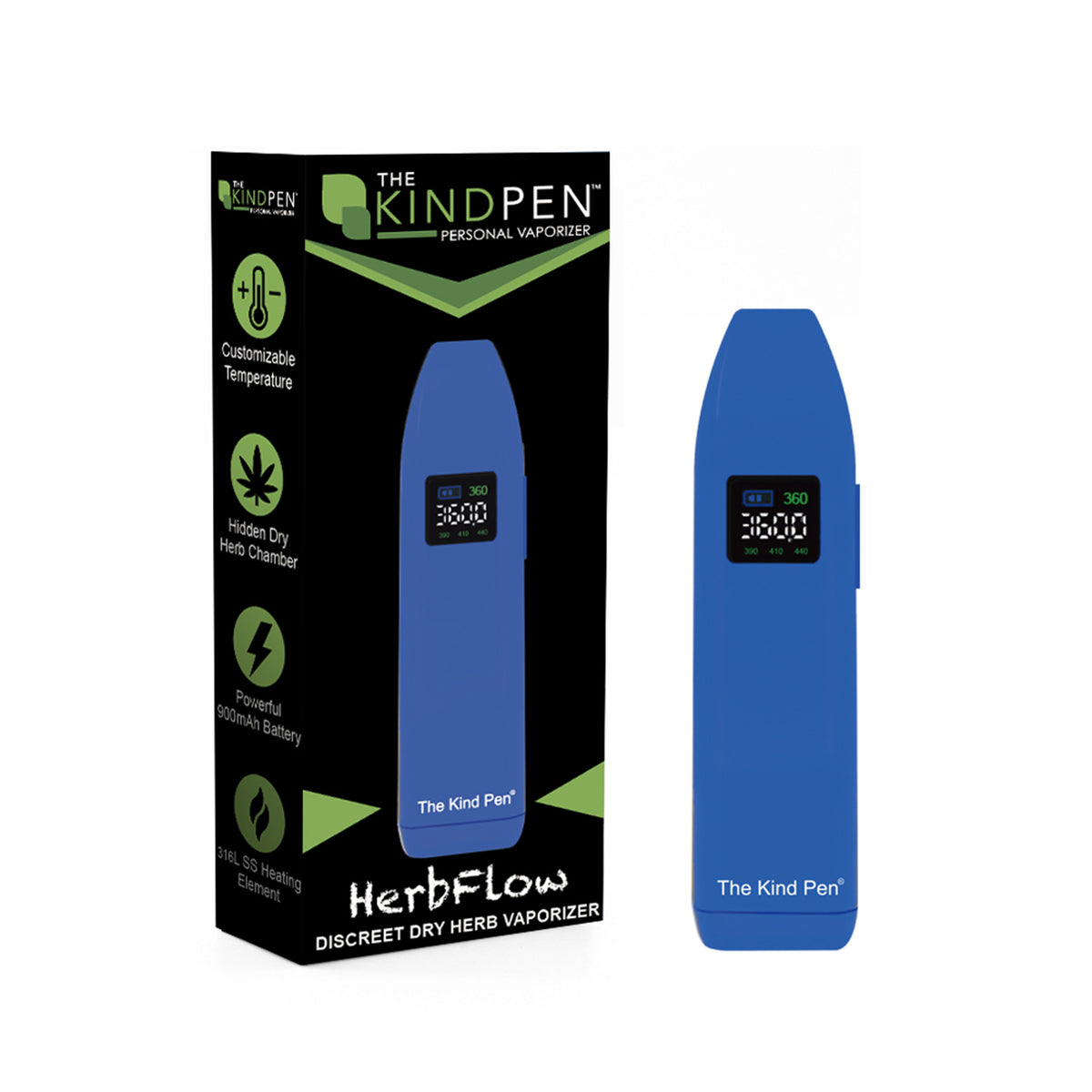 Blue 'The Kind Pen' herb vaporizer with packaging on a white background