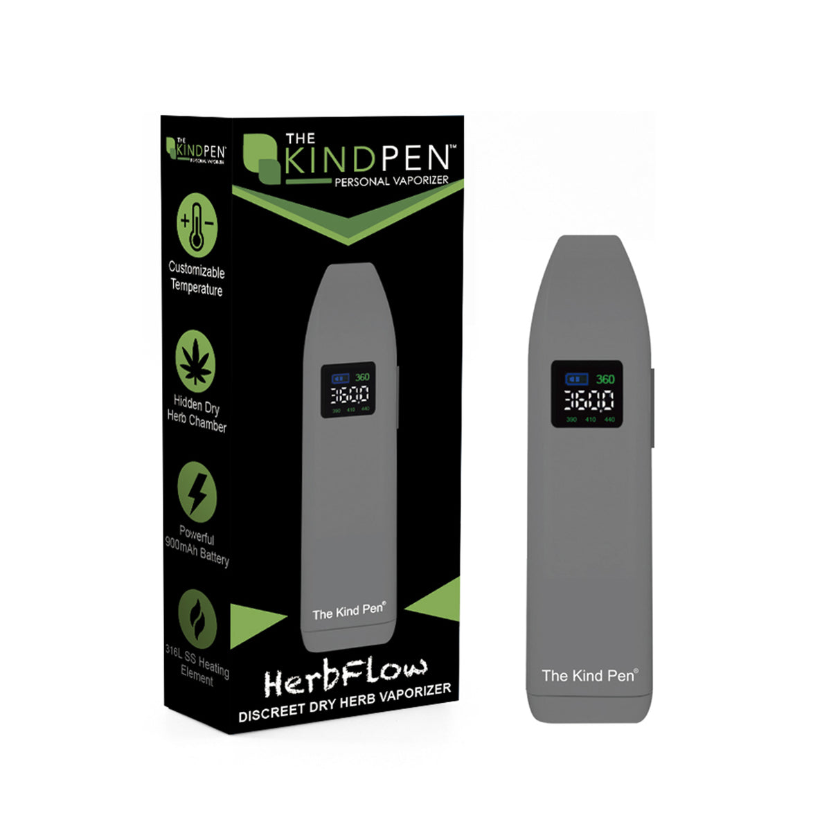 The Kind Pen herb vaporizer grey color with packaging on a white background