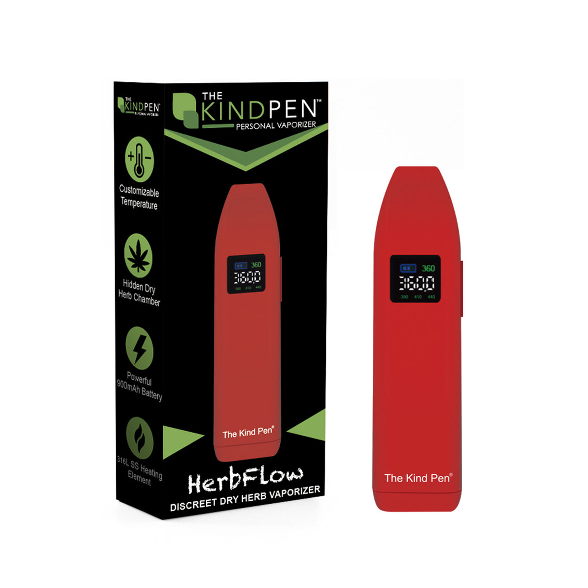 Red 'The Kind Pen' herb vaporizer with packaging on a white background
