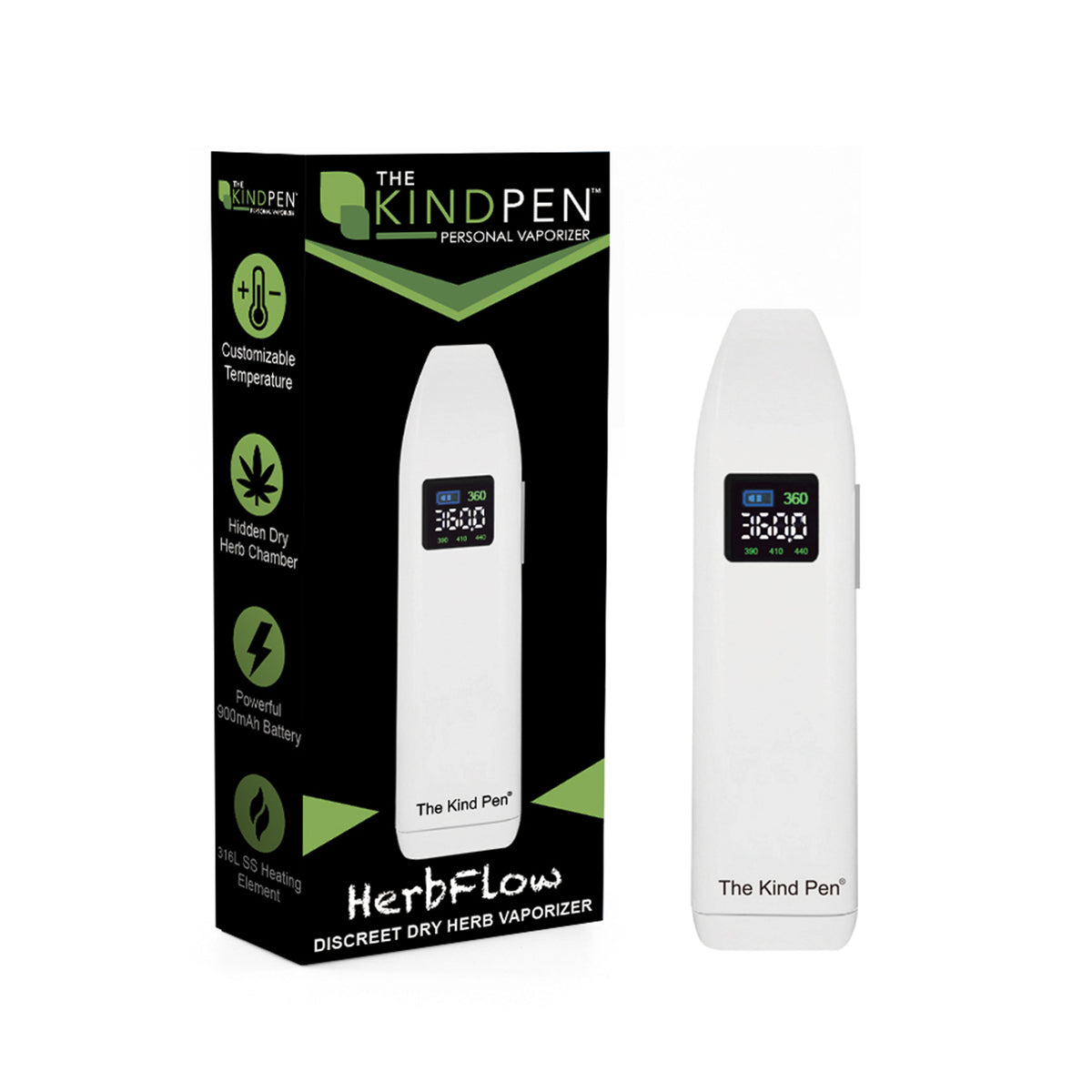 White weed vaporizer with digital display and 'The Kind Pen' branding next to its packaging on a white background.