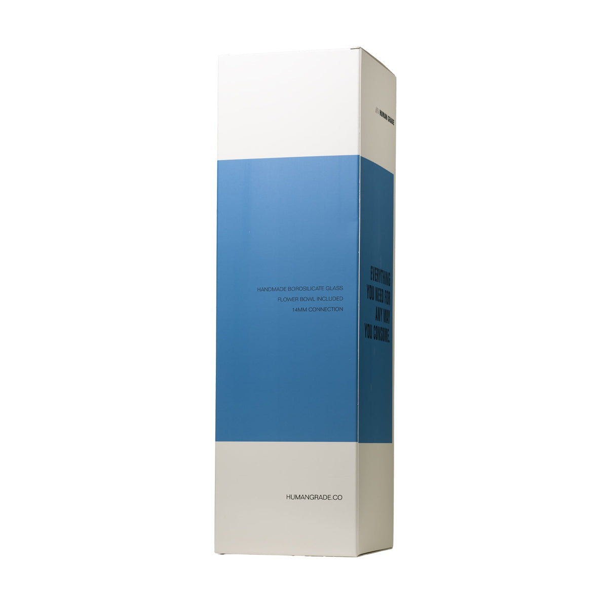Tall white and blue Big Bong  box with 'Human Grade CO' branding on a white background
