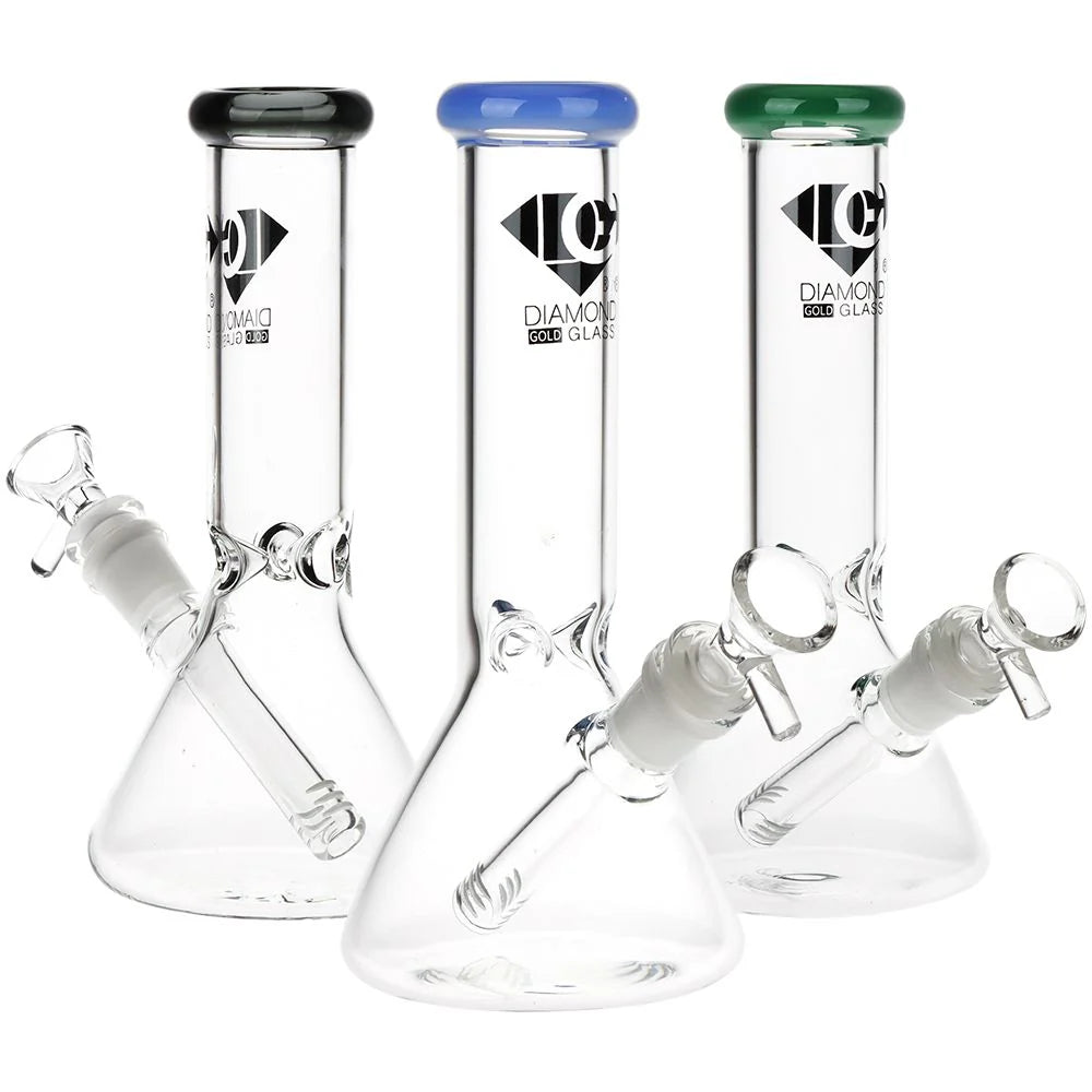Three glass smoking accessories classic realible bongs with colored tops on a white background