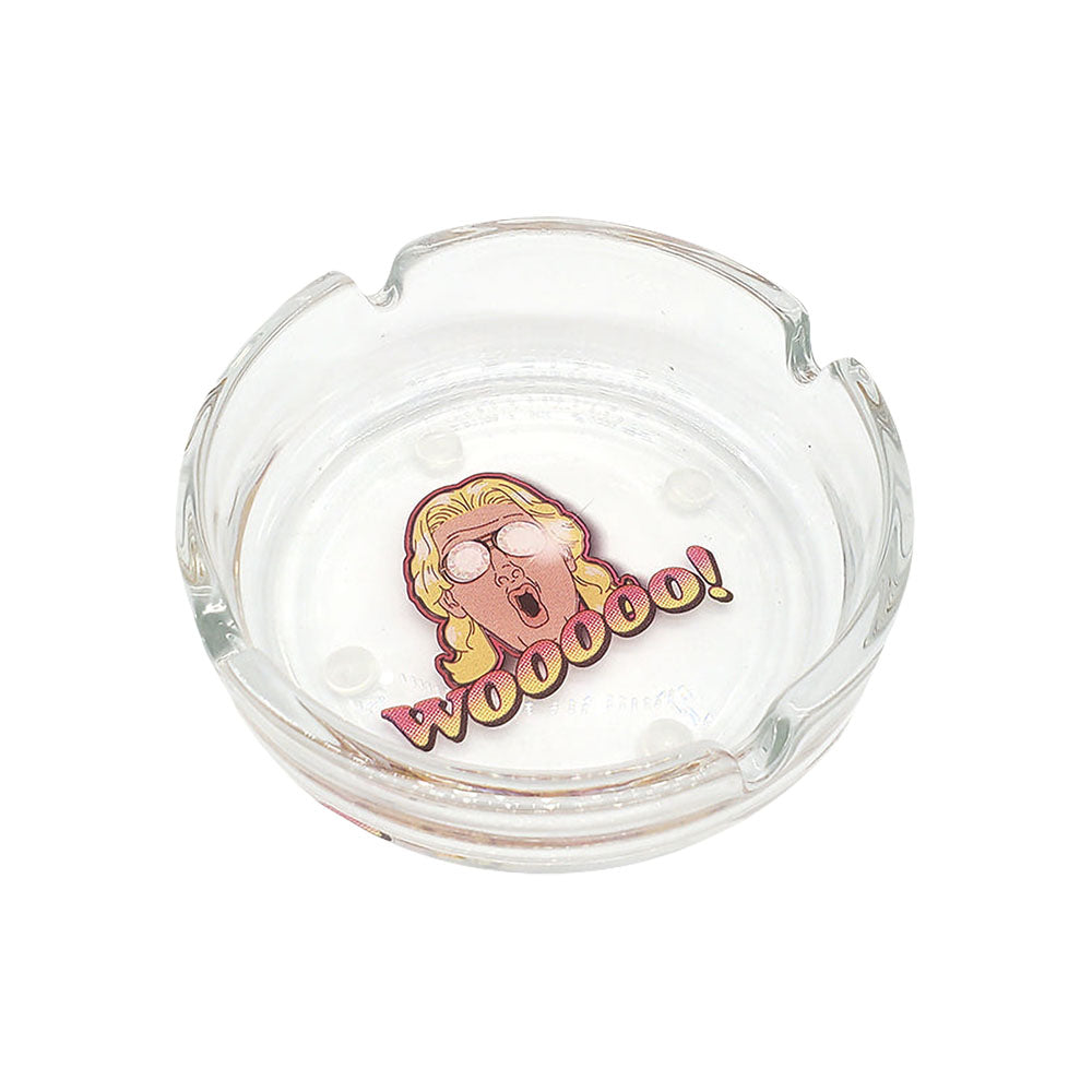 Clear glass ashtray with a cartoon character and text on a white background