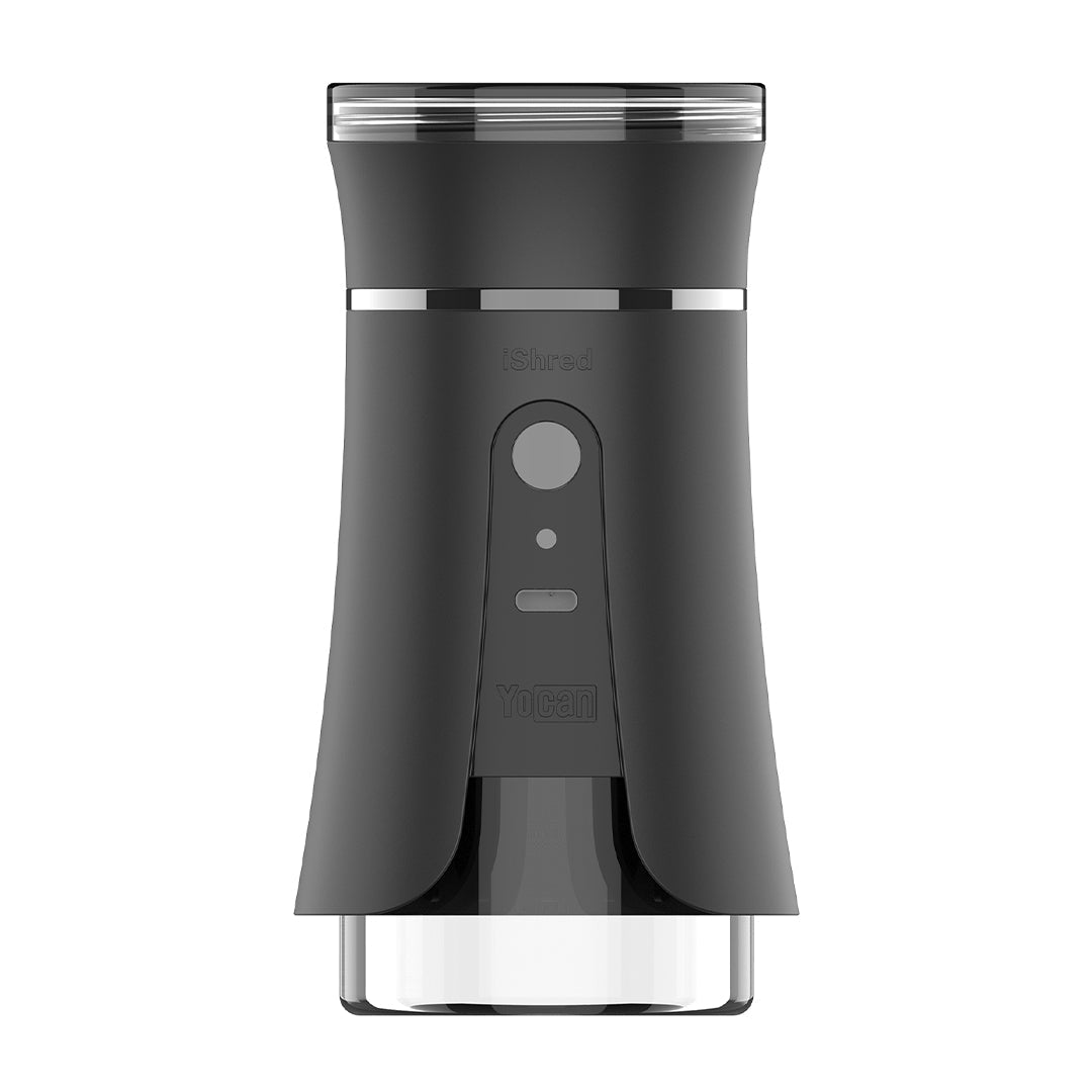 Black  ishred Yocan Electric Grinder with a clear container on a white background