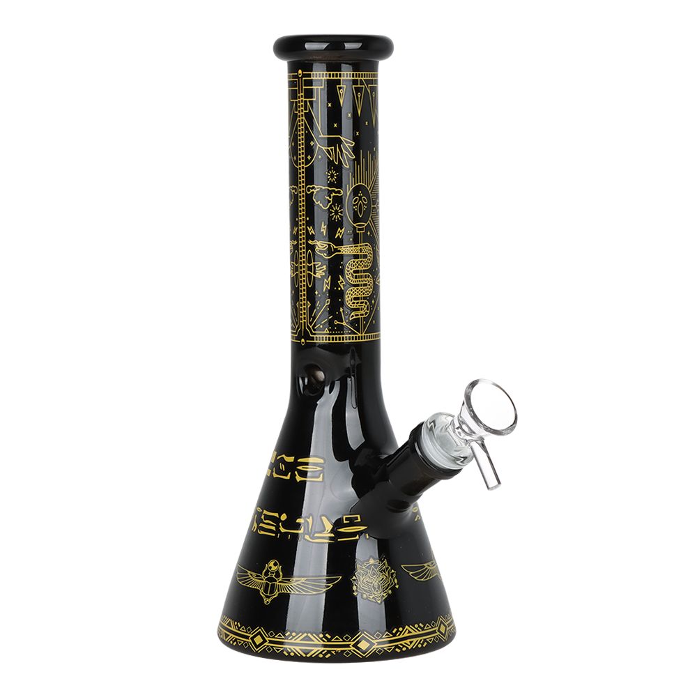 Black glass smoking bong with gold designs on a white background