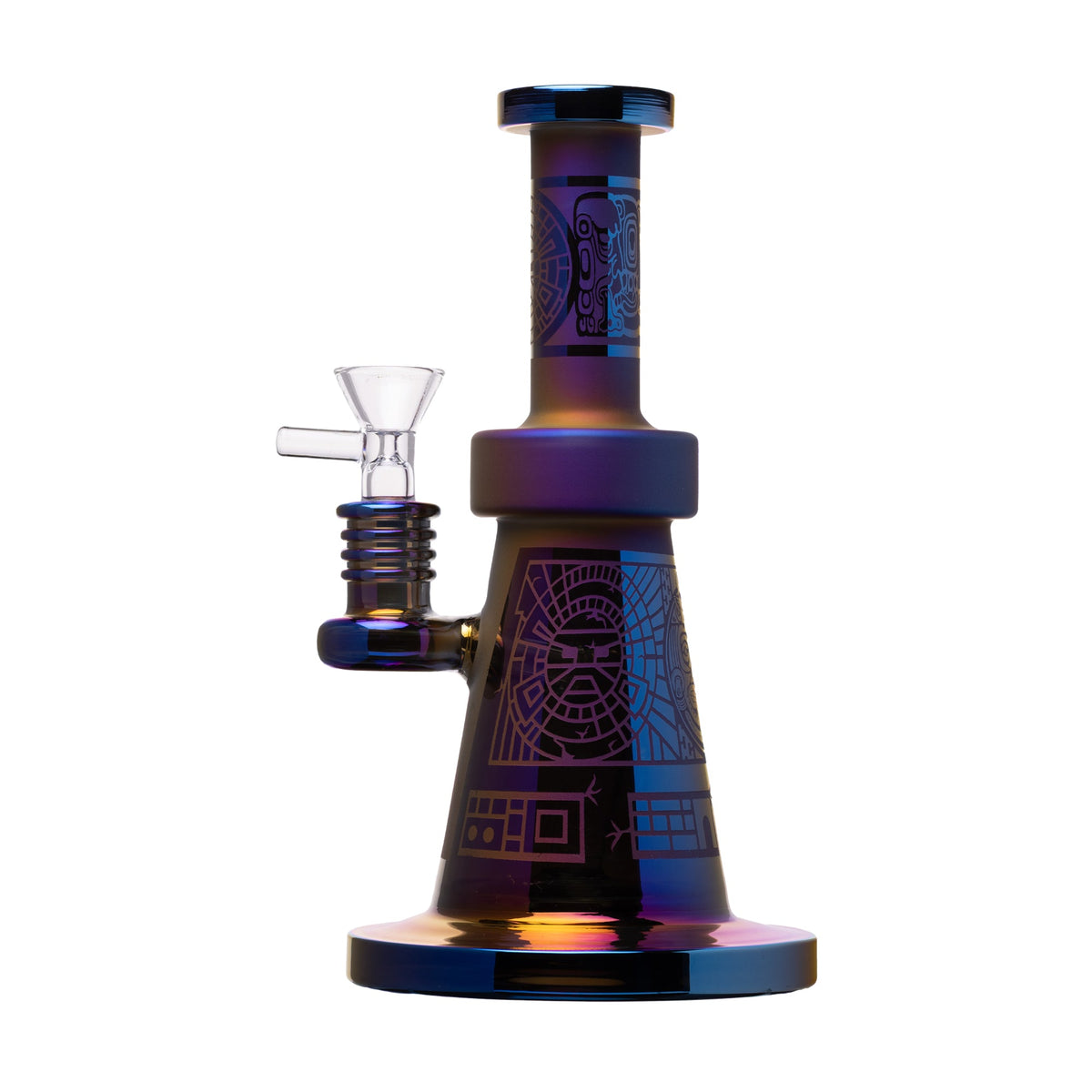 Multicolored aztec glass smoking device on a white background