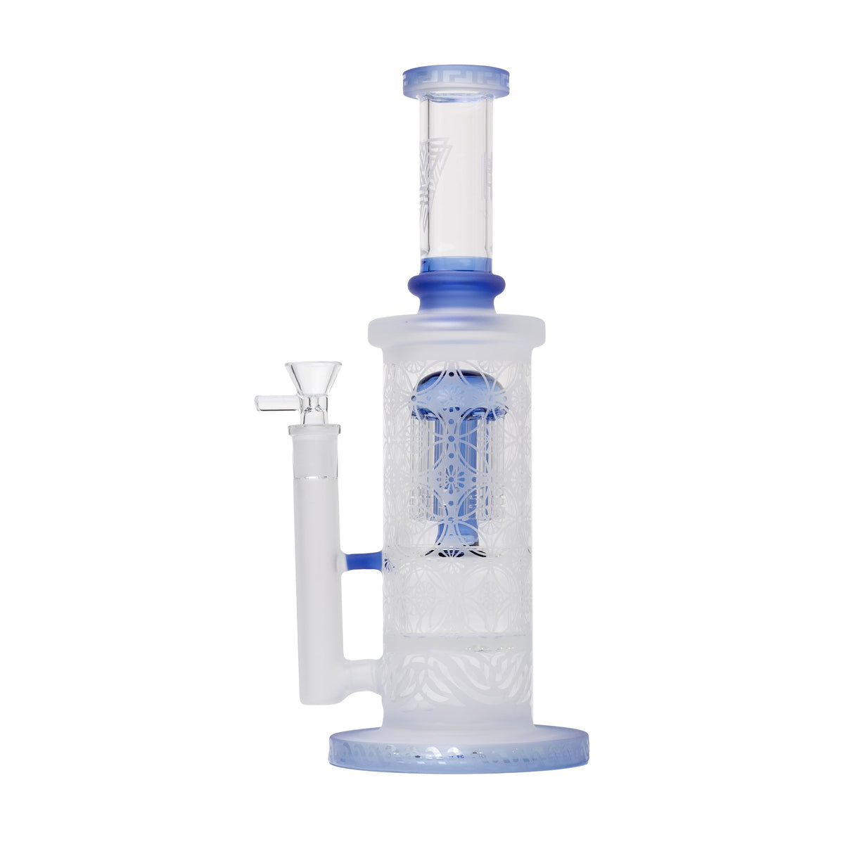 Clear with blue Sandblast Double Perc glass water pipe with unique design on a white background