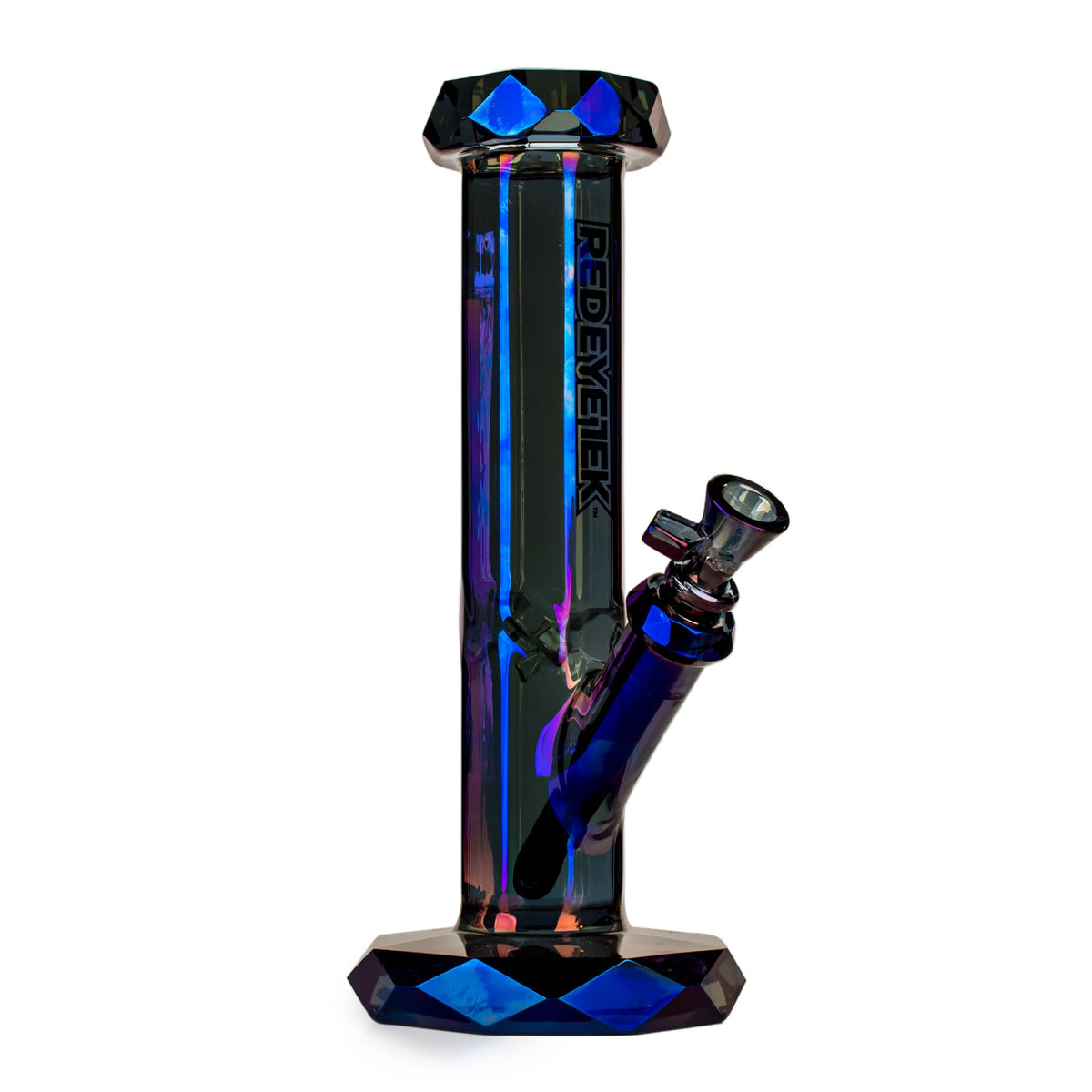 Multicolored glass water pipe with 'Red Eye Tek' branding on a white background