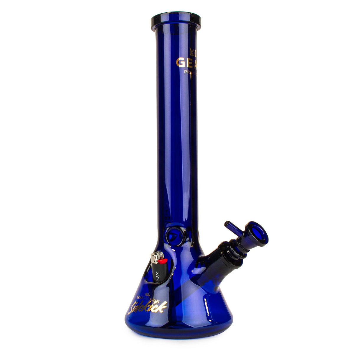 Blue glass water pipe with Gear Premium brand logo and lighter holster on a white background