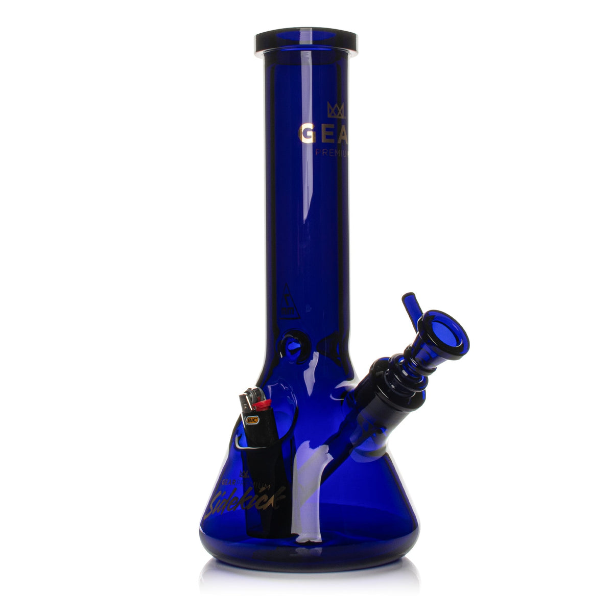 Blue glass water pipe with 'GEAR Premium' branding on a white background