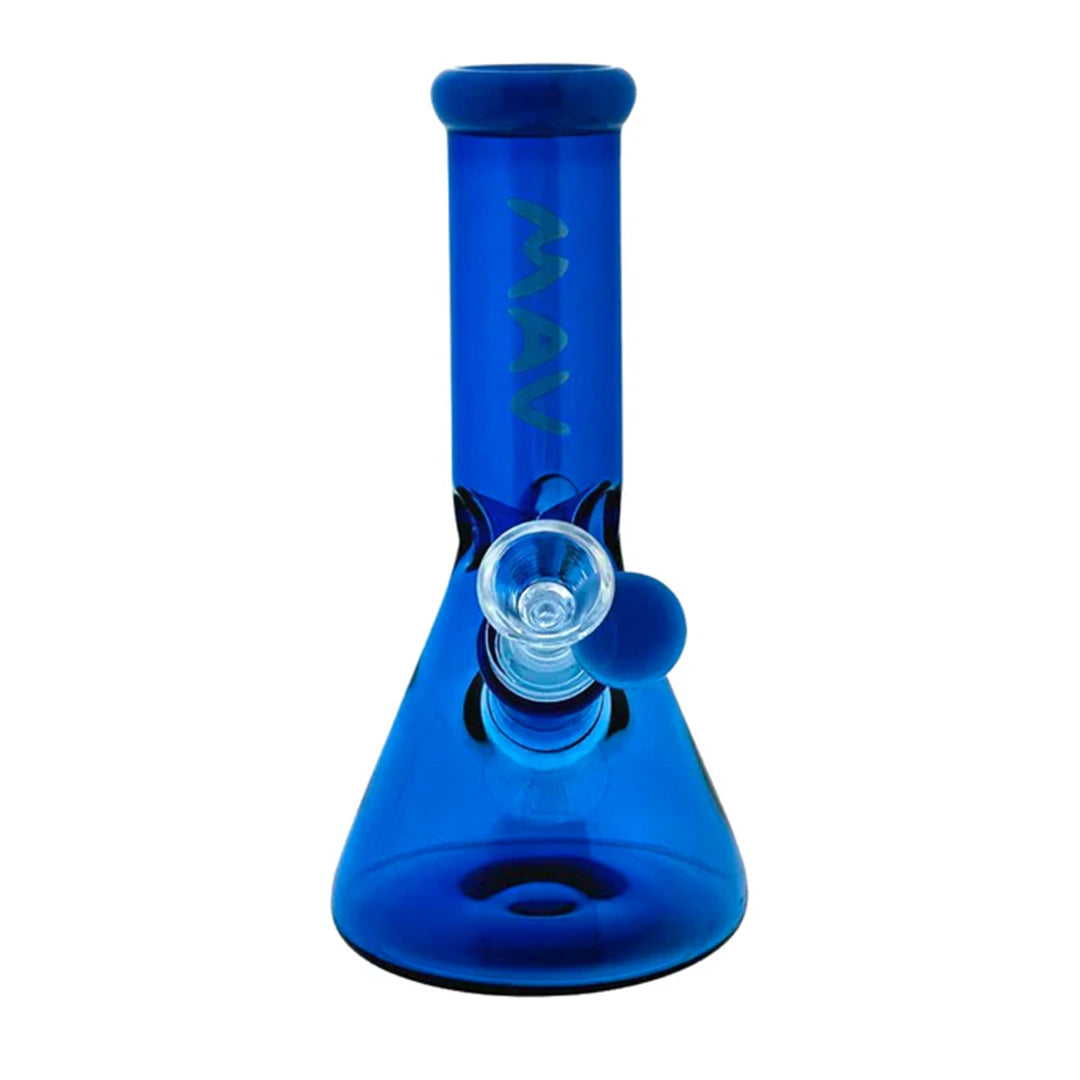 Blue glass bong with 'MAV' branding on a white background