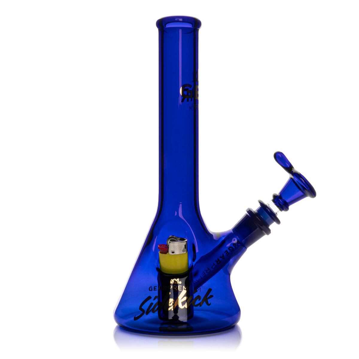 A cobalt blue glass water pipe with a curved neck and a yellow lighter resting inside the base, set against a plain white background.
