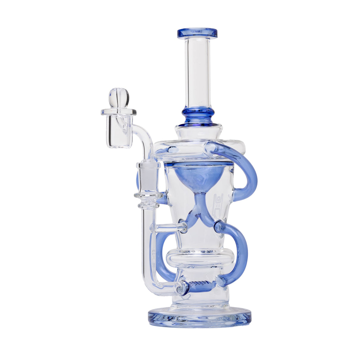 Clear glass Recycler Dab Rig with blue accents on a white background