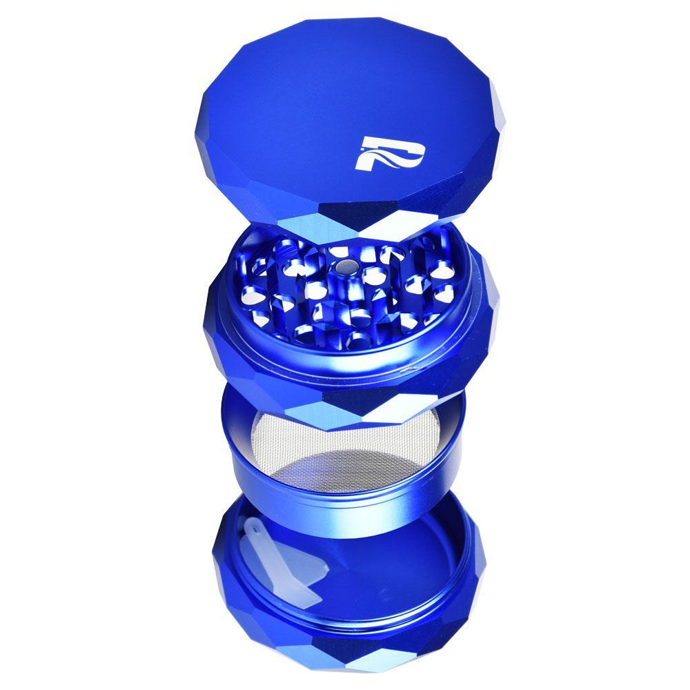 Blue metal grinder with a brand logo on a white background