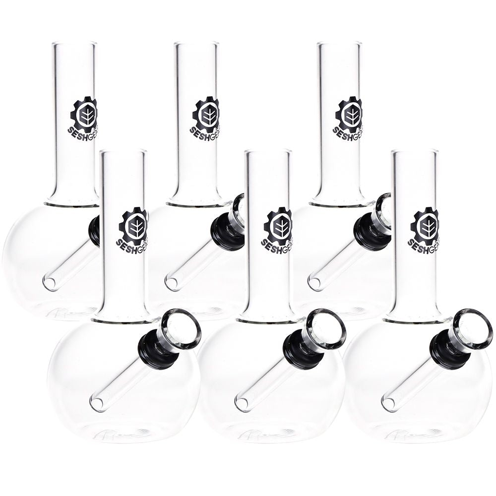 Six clear glass water pipes with black silicone mouthpieces and a black Logo, arranged in two rows of three against a white background.