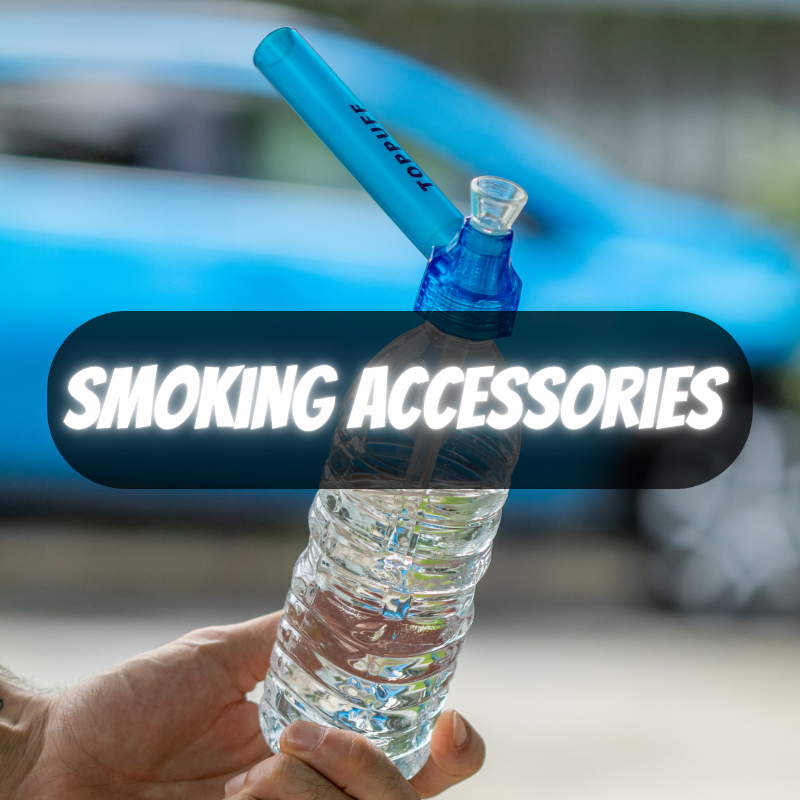 Hand holding a water Bong bottle with a smoking accessory attached, blurred car in the background
