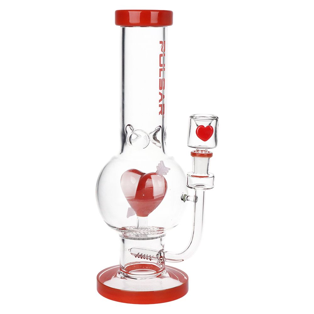 Clear glass bubble Bong with red heart design on a white background