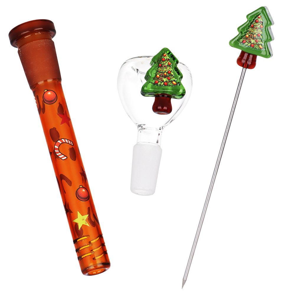 Downstem, bong bowl and a poker inspired by Christmas on a white background 