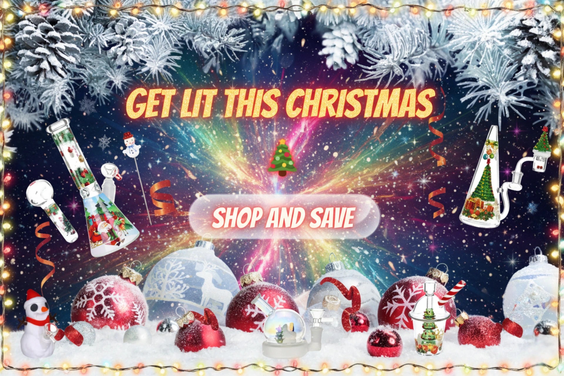 Promotional Christmas advertisement with snowmen, ornaments, and text 'Get Lit This Christmas' on a festive background.