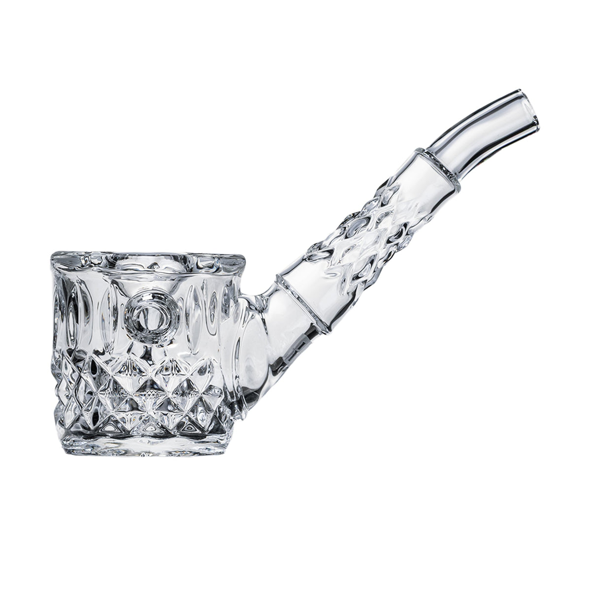 Clear glass smoking pipe on a white background