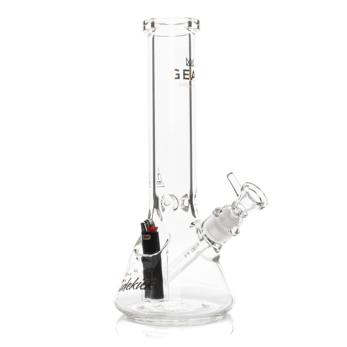 Clear glass water pipe with a lighter pocket  on a white background