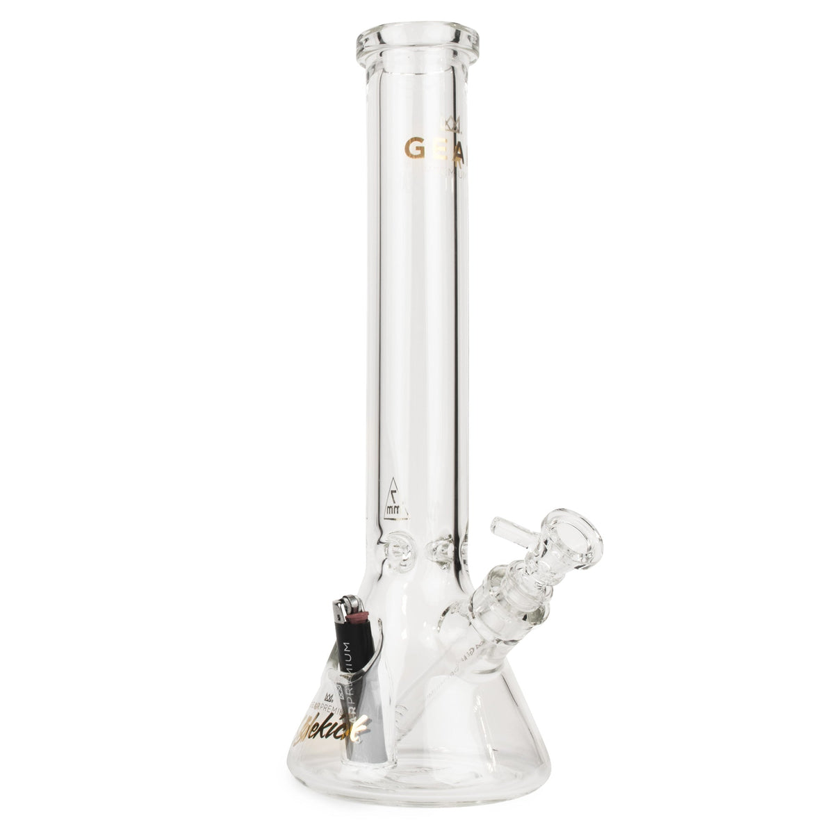 Clear glass water pipe with a beaker base on a white background