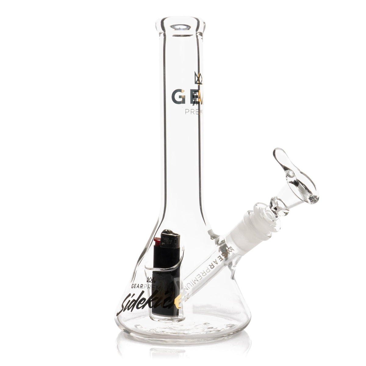 Glass water pipe with 'GEAR' branding on a white background