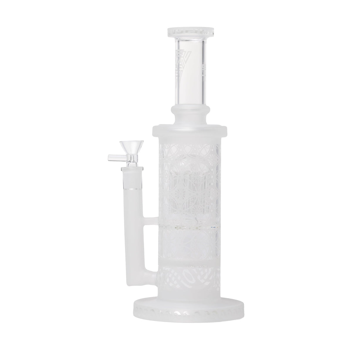 Clear Sandblast Double Perc glass water pipe with unique design on a white background