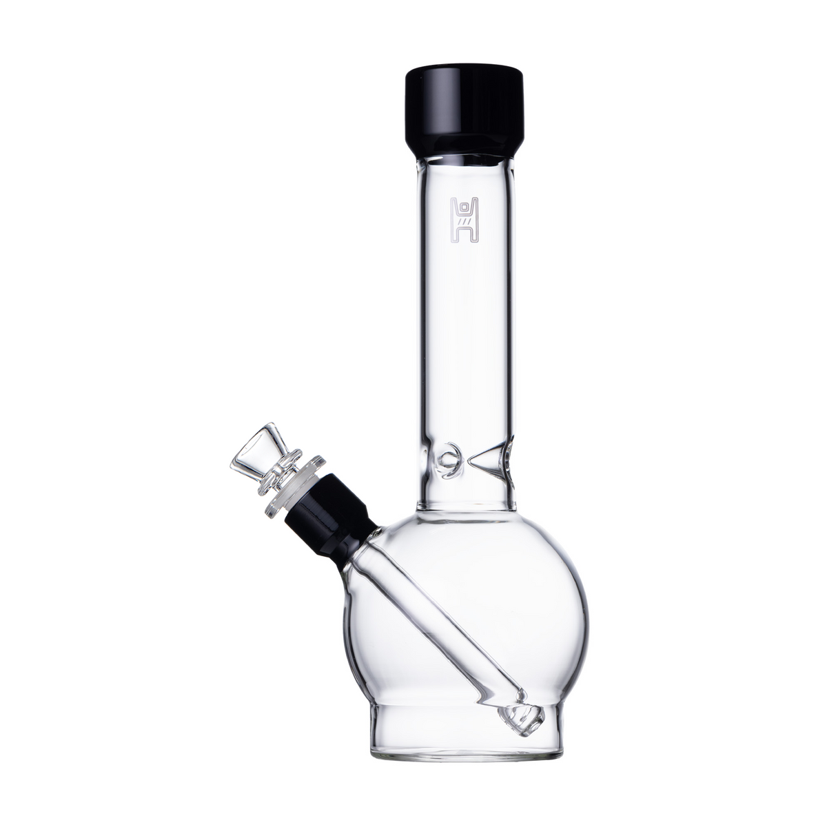 Clear glass smoking bong device with black accents on a white background