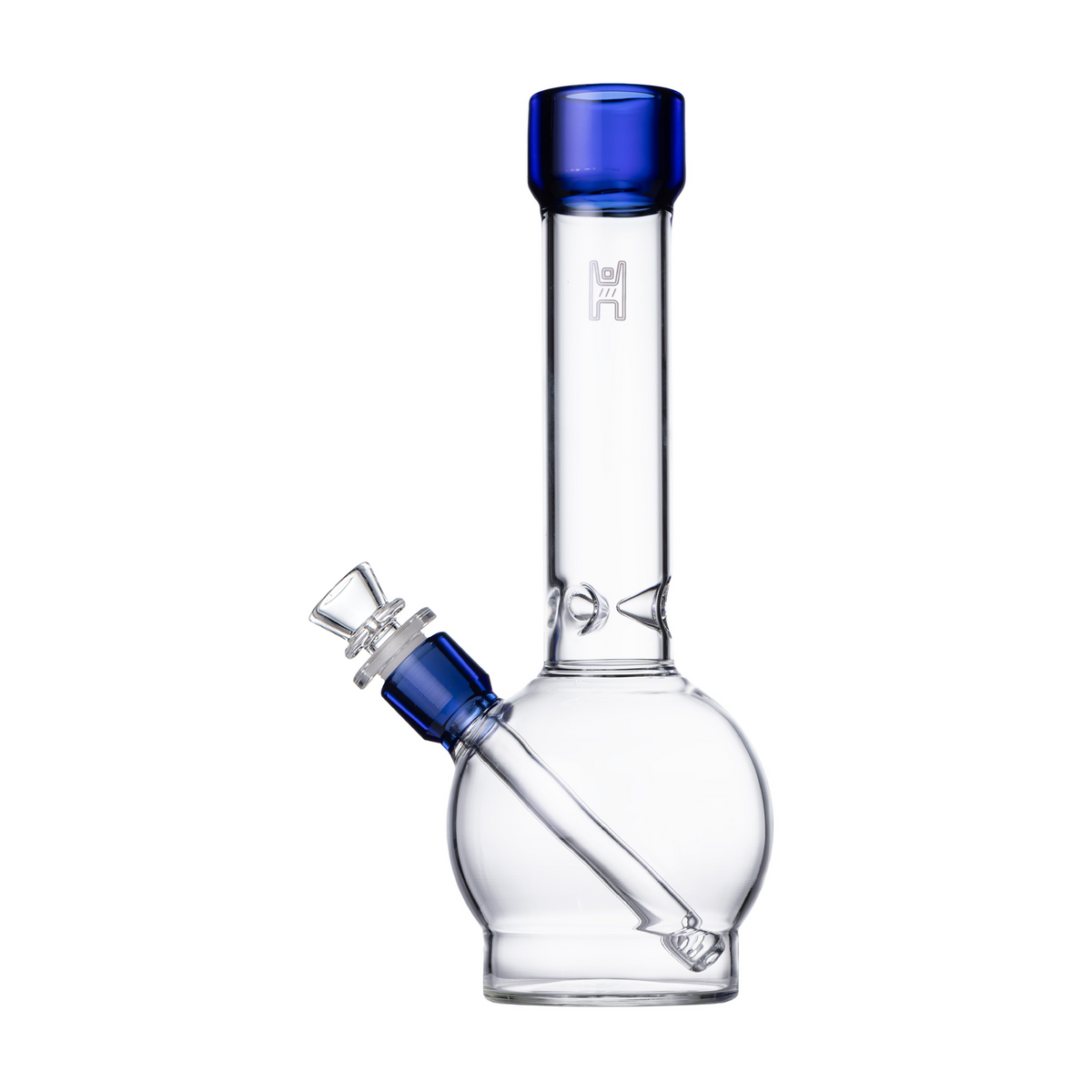 Clear glass water pipe with blue accents on a white background