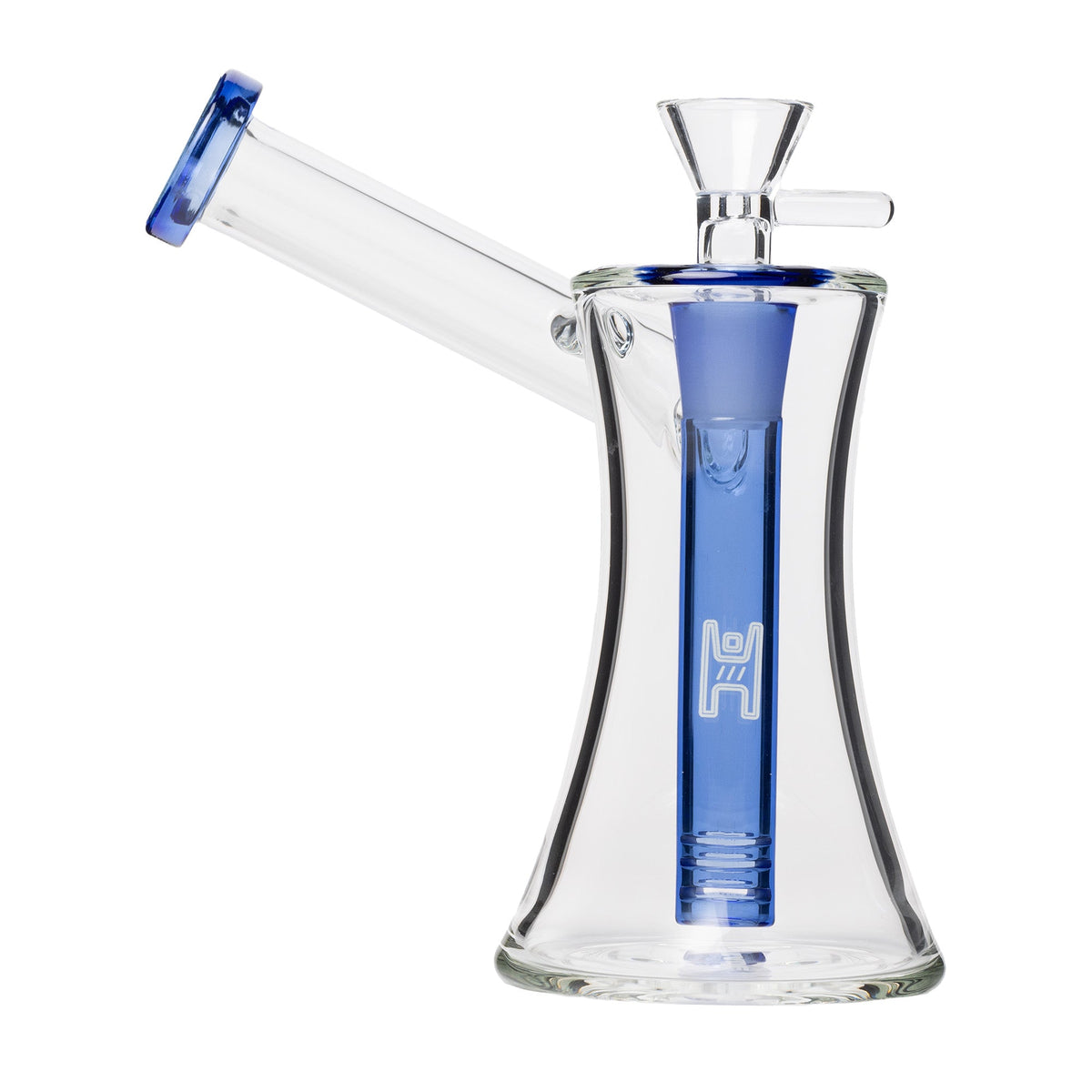 Clear glass Bubbler water pipe with blue accents on a white background