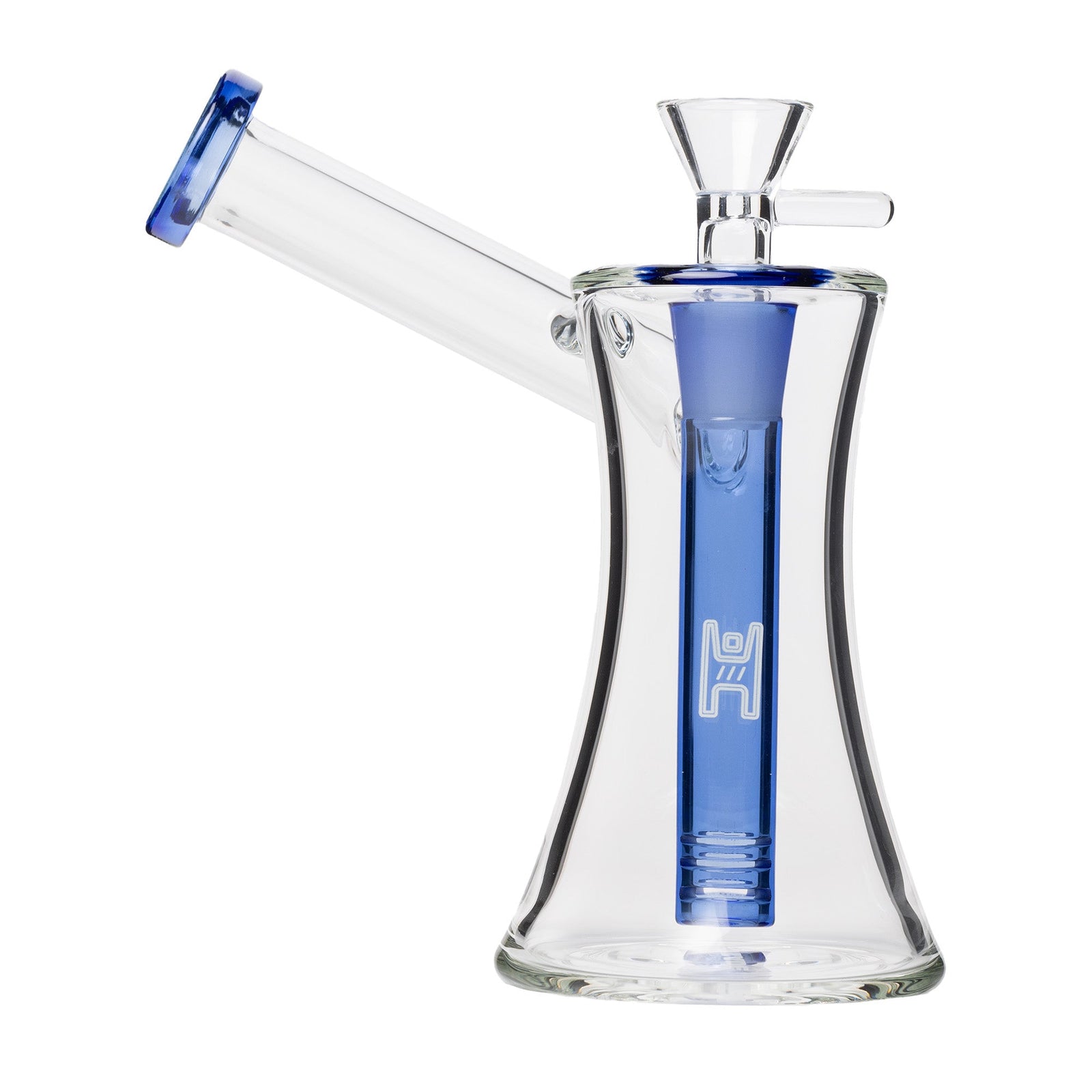 Clear glass Bubbler water pipe with blue accents on a white background