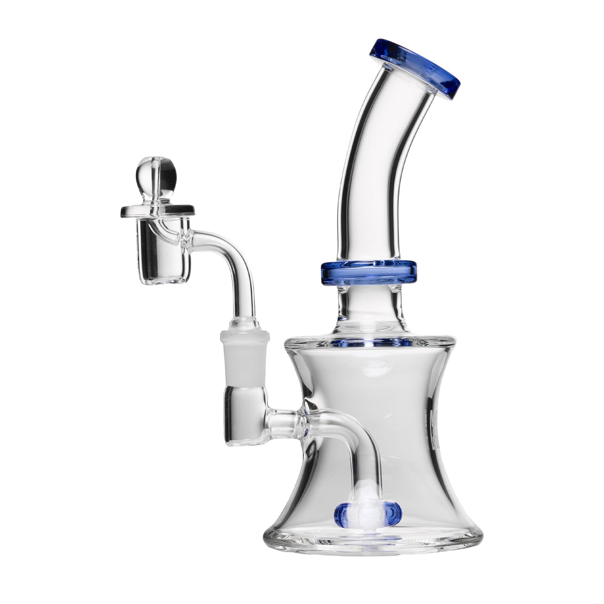 Clear glass Dab Rig with blue accents on a white background