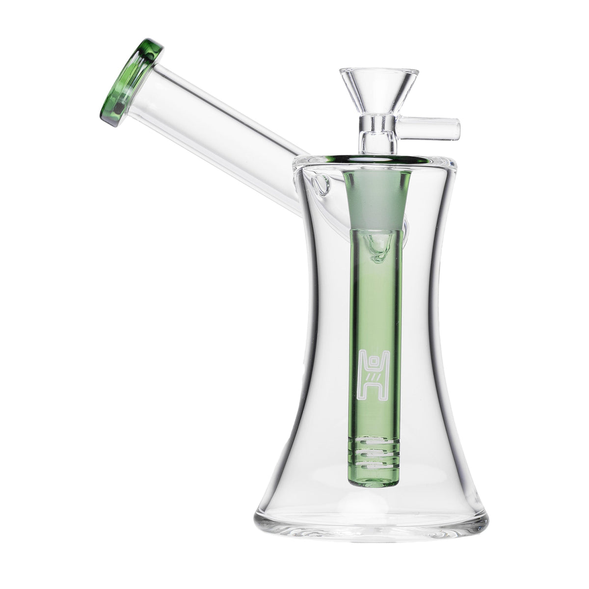 Clear glass Bubbler water pipe with green accents on a white background