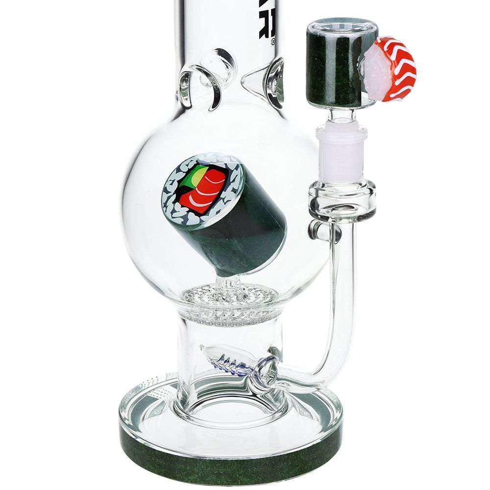 Clear glass water pipe with a round bubble chamber, side arm, and black base, featuring a sushi roll graphic and a black-and-red striped mouthpiece on a white background.