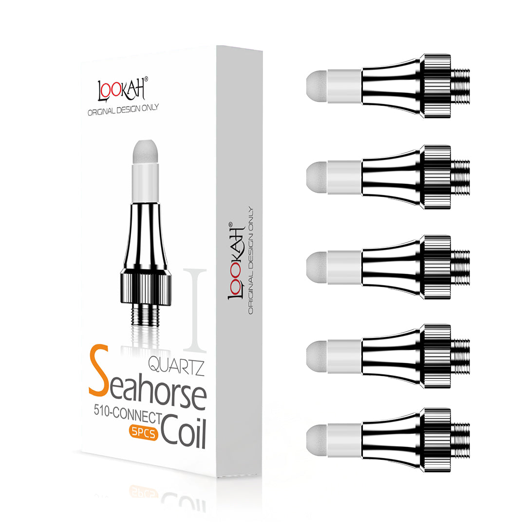 Lookah quartz seahorse coils packaging with coils displayed on a white background