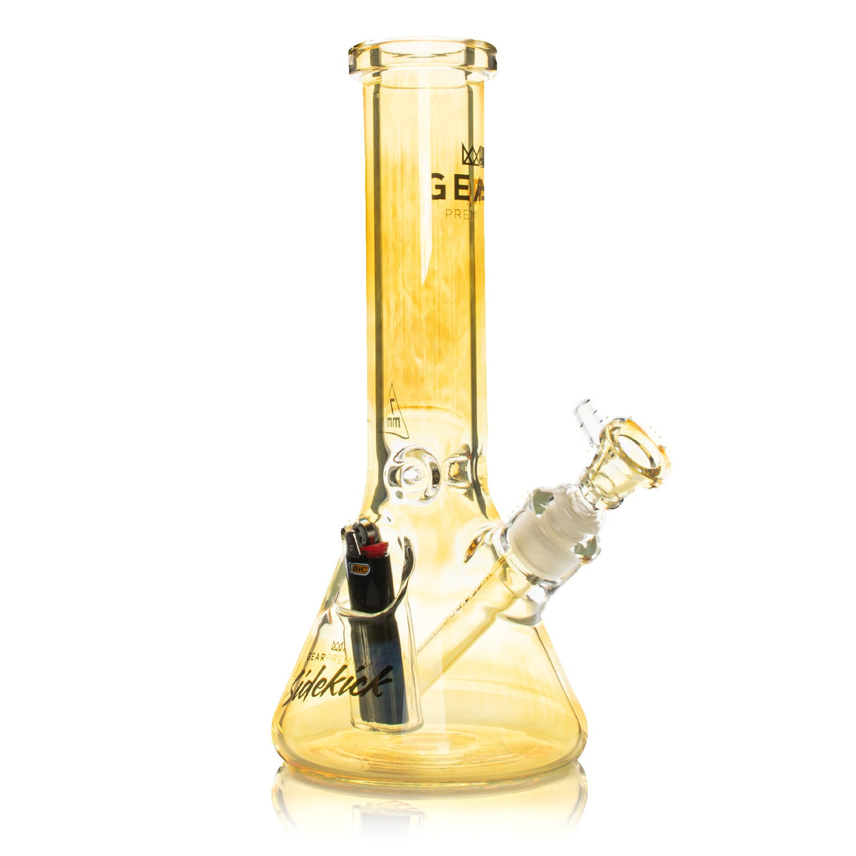 Clear Yellow glass water pipe with Gear Premium brand logo on a white background