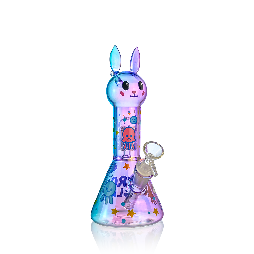 Colorful glass bunny-shaped Bong on a white background