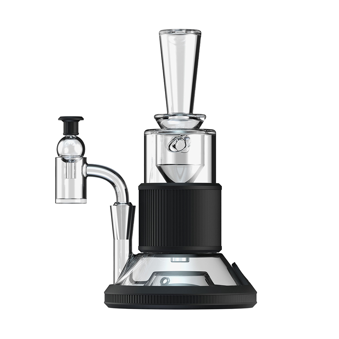 Glass dab rig  device with black base on a white background