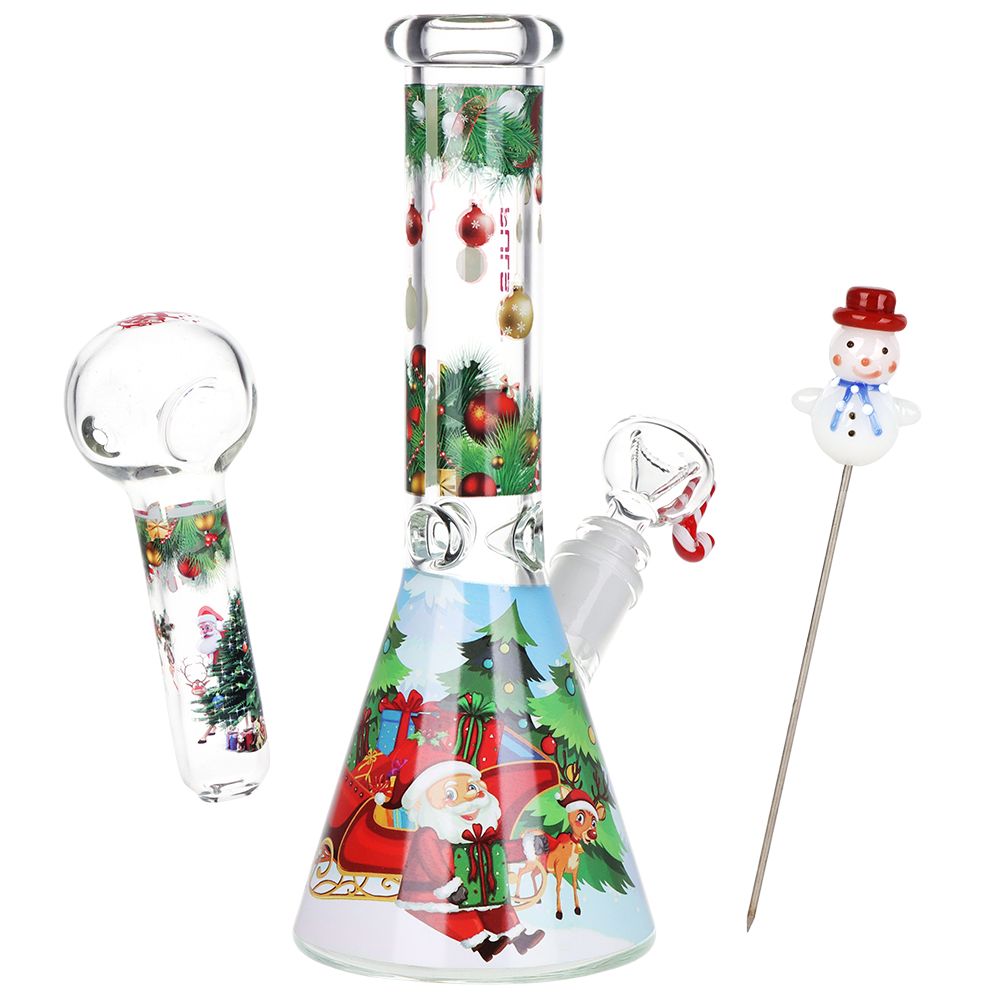 Decorative glass bong with Christmas-themed design on a white background